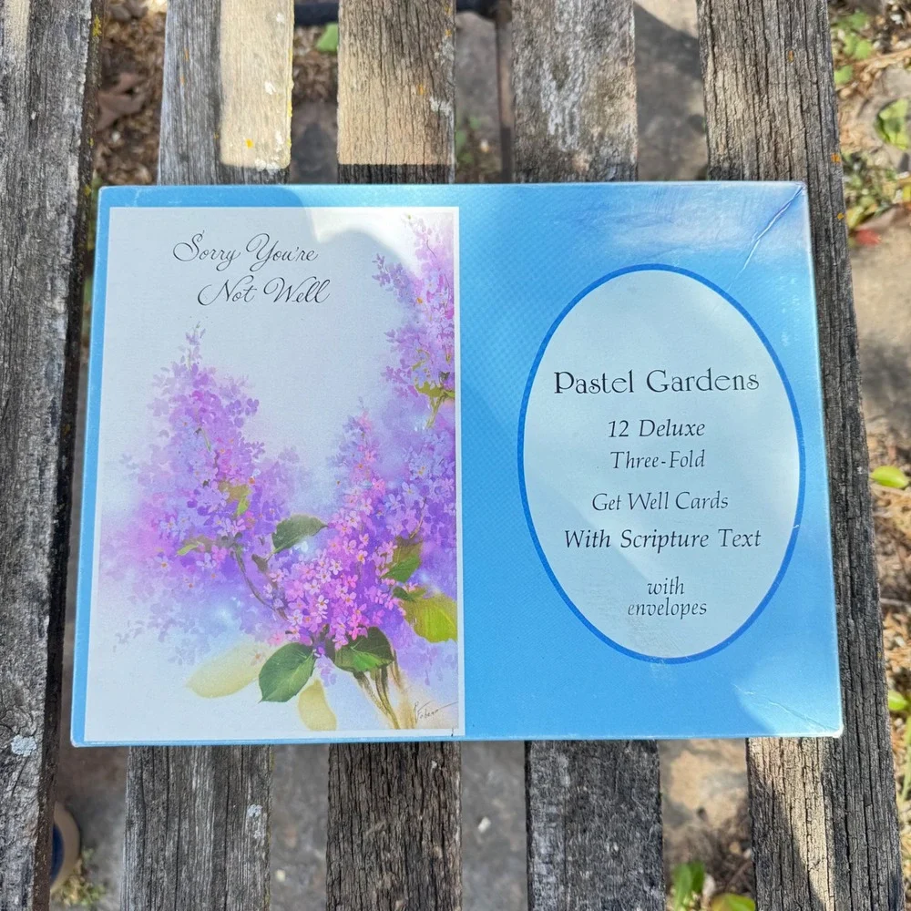 VTG Pastel Gardens 12 Deluxe Get Well Cards w Scripture‎ Text Floral Lilac S414